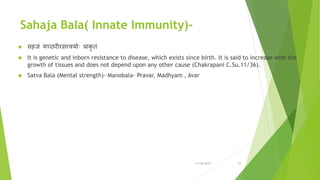 Sahaja Bala( Innate Immunity)-
 सहजां यच्छरीरसत्त्वयोः प्राकृ तां
 It is genetic and inborn resistance to disease, which...