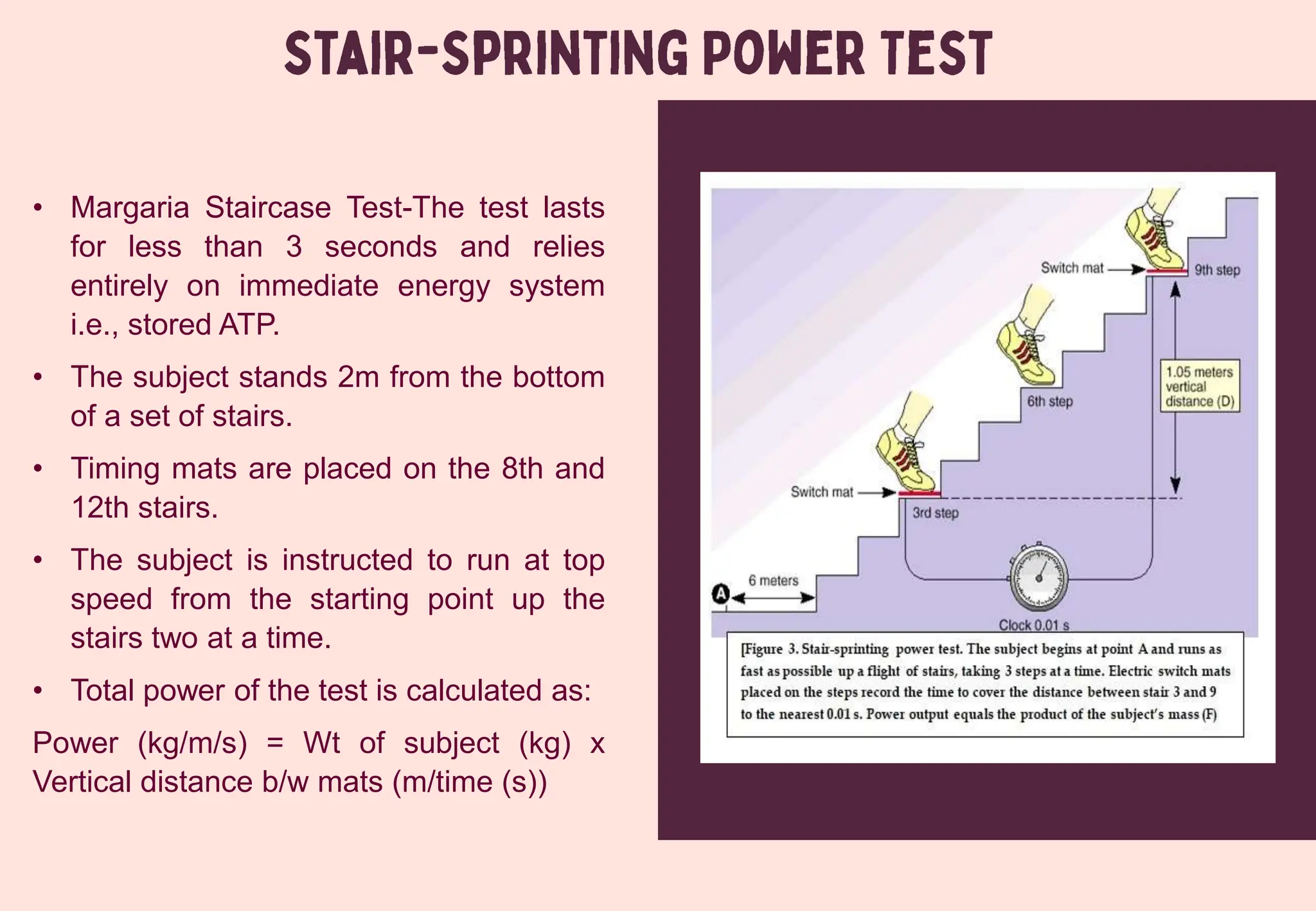 • Margaria Staircase Test-The test lasts
for less than 3 seconds and relies
entirely on immediate energy system
i.e., stored ATP.
• The subject stands 2m from the bottom
of a set of stairs.
• Timing mats are placed on the 8th and
12th stairs.
• The subject is instructed to run at top
speed from the starting point up the
stairs two at a time.
• Total power of the test is calculated as:
Power (kg/m/s) = Wt of subject (kg) x
Vertical distance b/w mats (m/time (s))
 