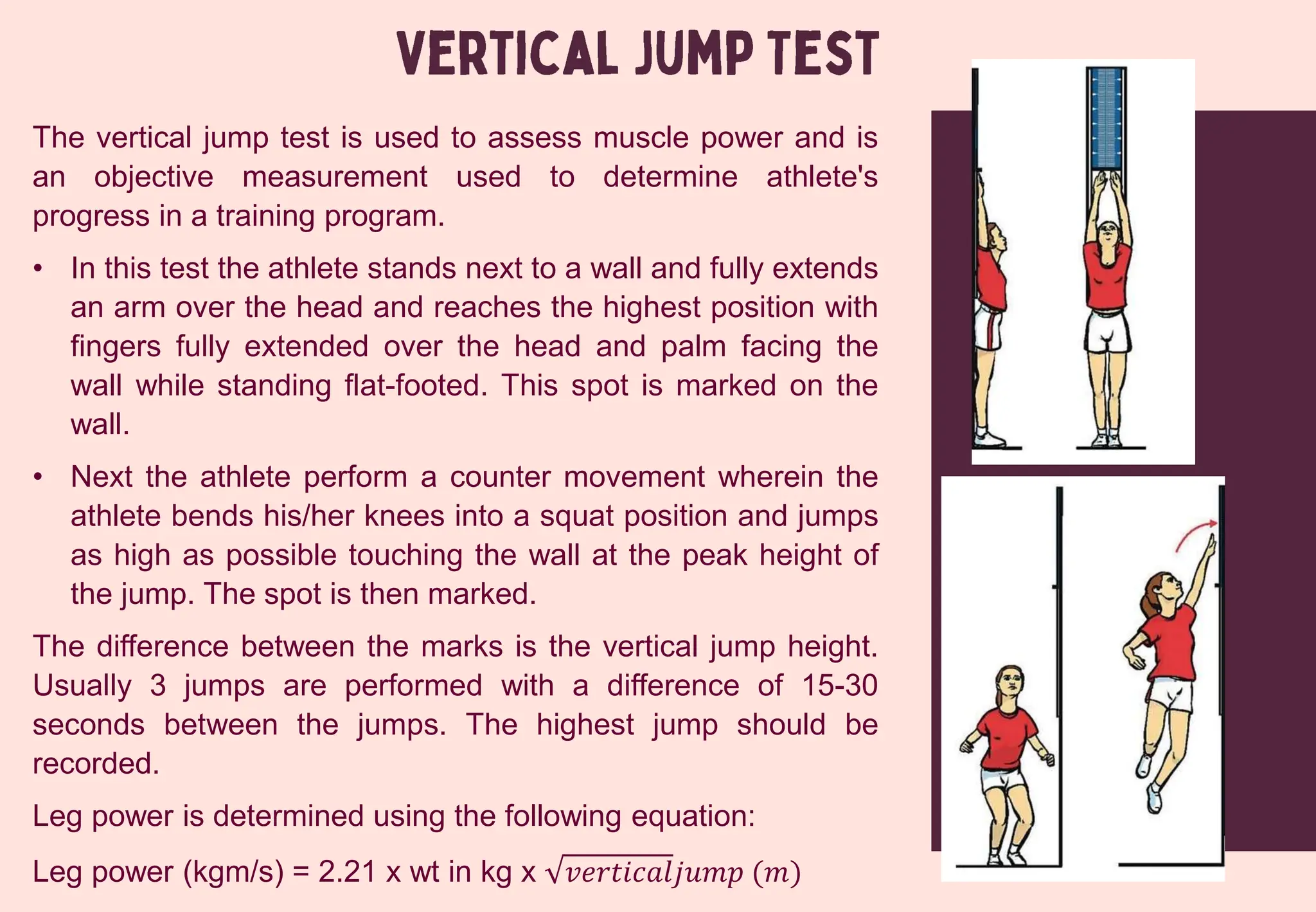 The vertical jump test is used to assess muscle power and is
an objective measurement used to determine athlete's
progress in a training program.
• In this test the athlete stands next to a wall and fully extends
an arm over the head and reaches the highest position with
fingers fully extended over the head and palm facing the
wall while standing flat-footed. This spot is marked on the
wall.
• Next the athlete perform a counter movement wherein the
athlete bends his/her knees into a squat position and jumps
as high as possible touching the wall at the peak height of
the jump. The spot is then marked.
The difference between the marks is the vertical jump height.
Usually 3 jumps are performed with a difference of 15-30
seconds between the jumps. The highest jump should be
recorded.
Leg power is determined using the following equation:
Leg power (kgm/s) = 2.21 x wt in kg x 𝑣𝑒𝑟𝑡𝑖𝑐𝑎𝑙𝑗𝑢𝑚𝑝 (𝑚)
 