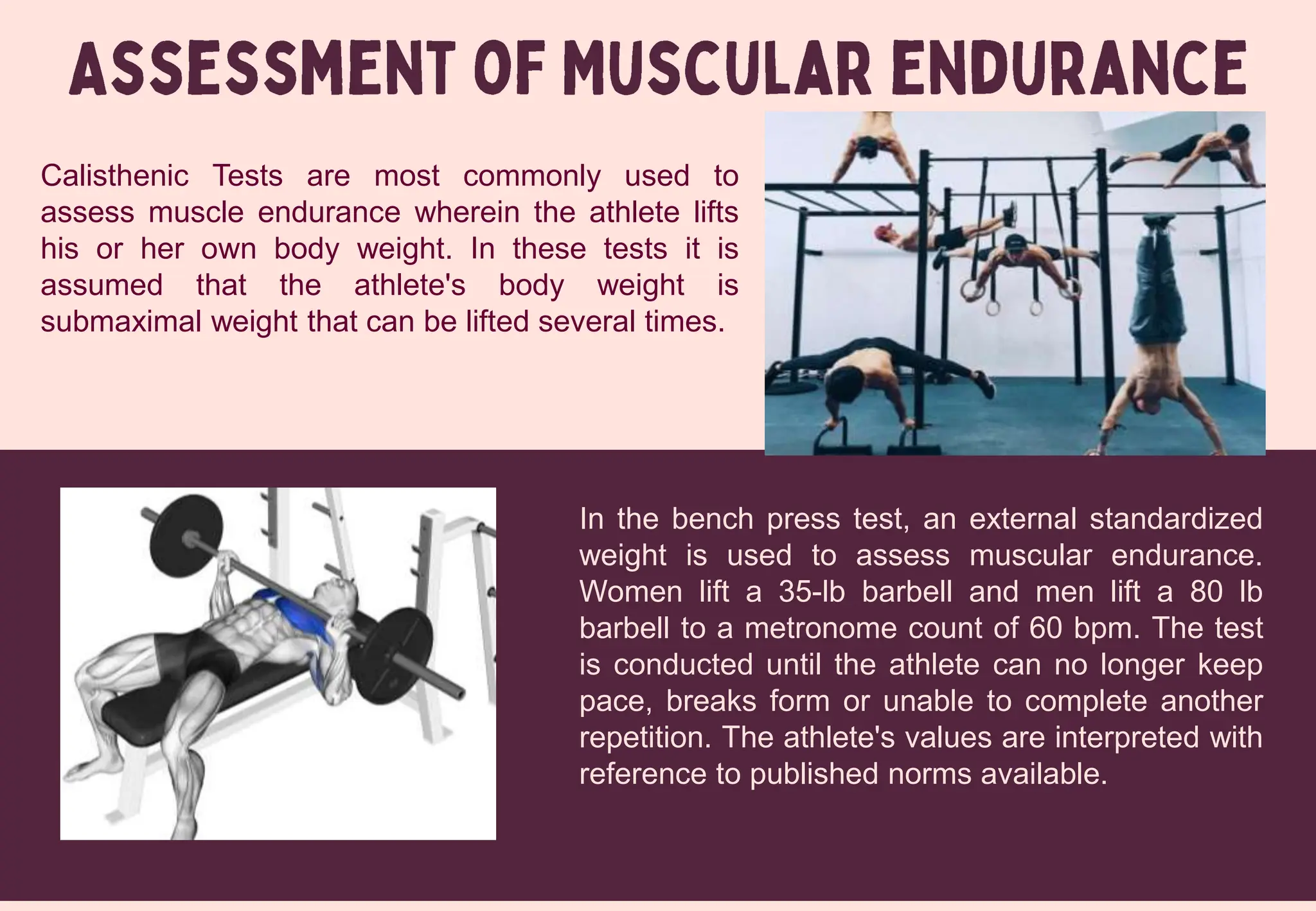 Calisthenic Tests are most commonly used to
assess muscle endurance wherein the athlete lifts
his or her own body weight. In these tests it is
assumed that the athlete's body weight is
submaximal weight that can be lifted several times.
In the bench press test, an external standardized
weight is used to assess muscular endurance.
Women lift a 35-lb barbell and men lift a 80 lb
barbell to a metronome count of 60 bpm. The test
is conducted until the athlete can no longer keep
pace, breaks form or unable to complete another
repetition. The athlete's values are interpreted with
reference to published norms available.
 