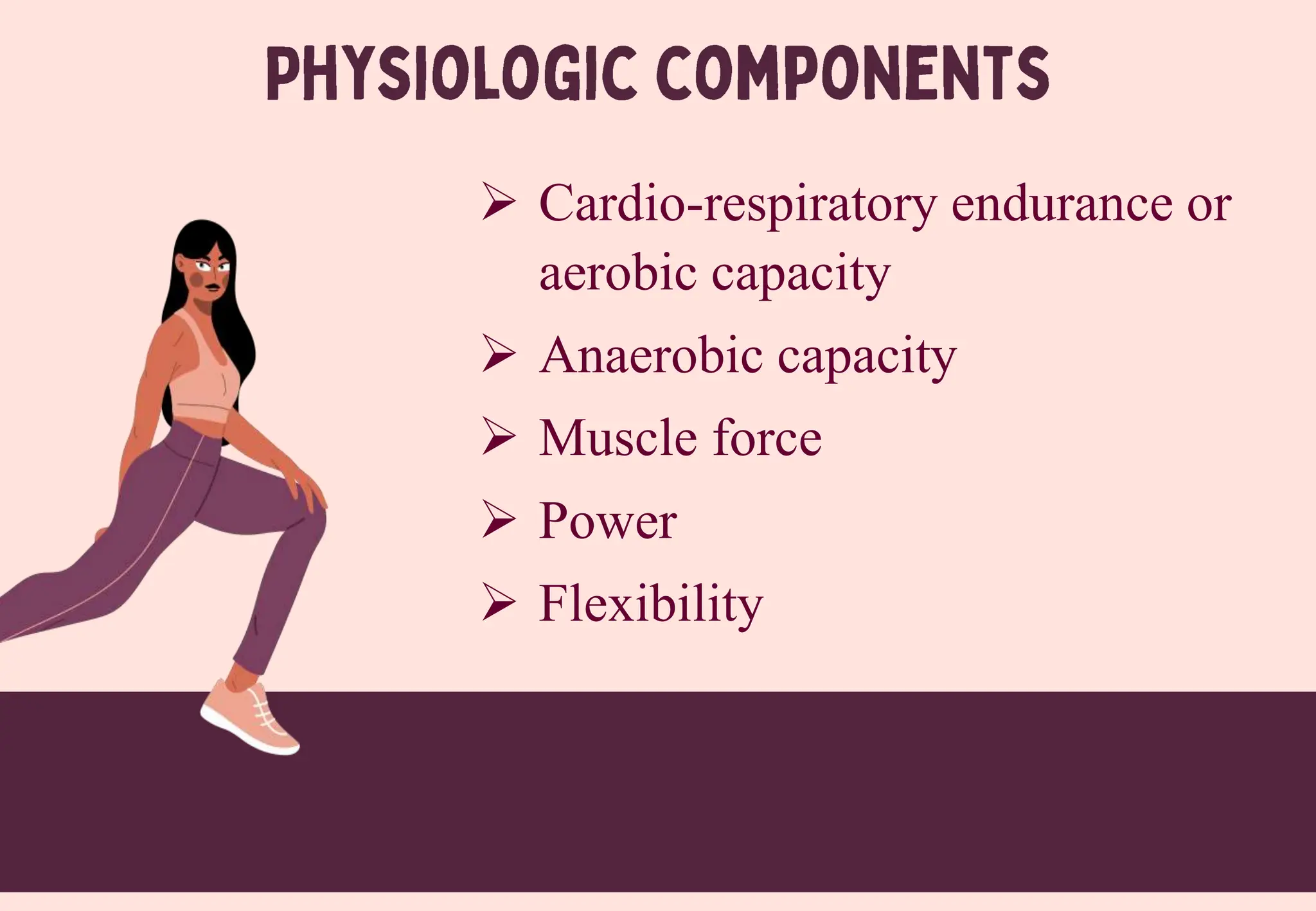  Cardio-respiratory endurance or
aerobic capacity
 Anaerobic capacity
 Muscle force
 Power
 Flexibility
 