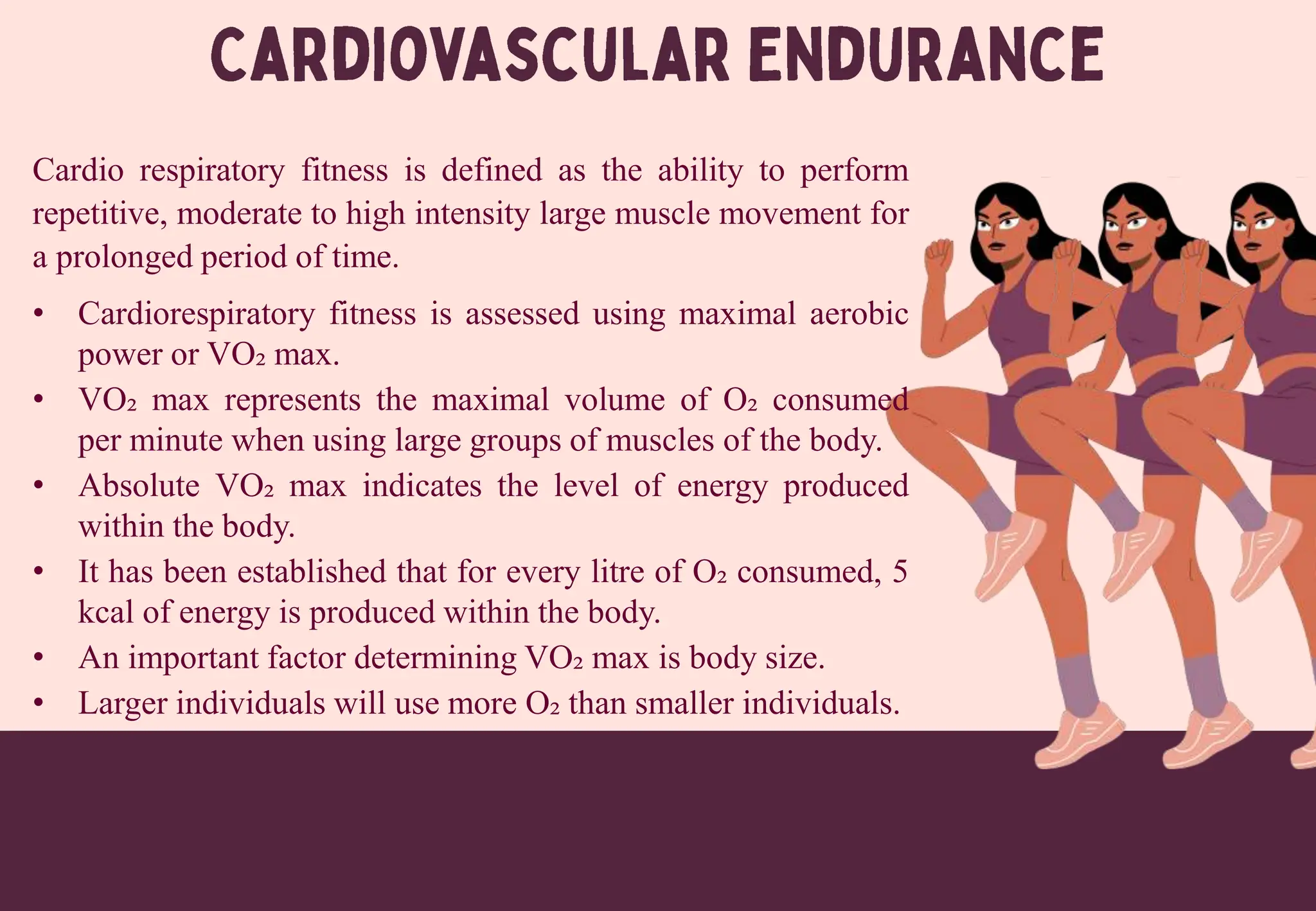 Cardio respiratory fitness is defined as the ability to perform
repetitive, moderate to high intensity large muscle movement for
a prolonged period of time.
• Cardiorespiratory fitness is assessed using maximal aerobic
power or VO₂ max.
• VO₂ max represents the maximal volume of O₂ consumed
per minute when using large groups of muscles of the body.
• Absolute VO₂ max indicates the level of energy produced
within the body.
• It has been established that for every litre of O₂ consumed, 5
kcal of energy is produced within the body.
• An important factor determining VO₂ max is body size.
• Larger individuals will use more O₂ than smaller individuals.
 