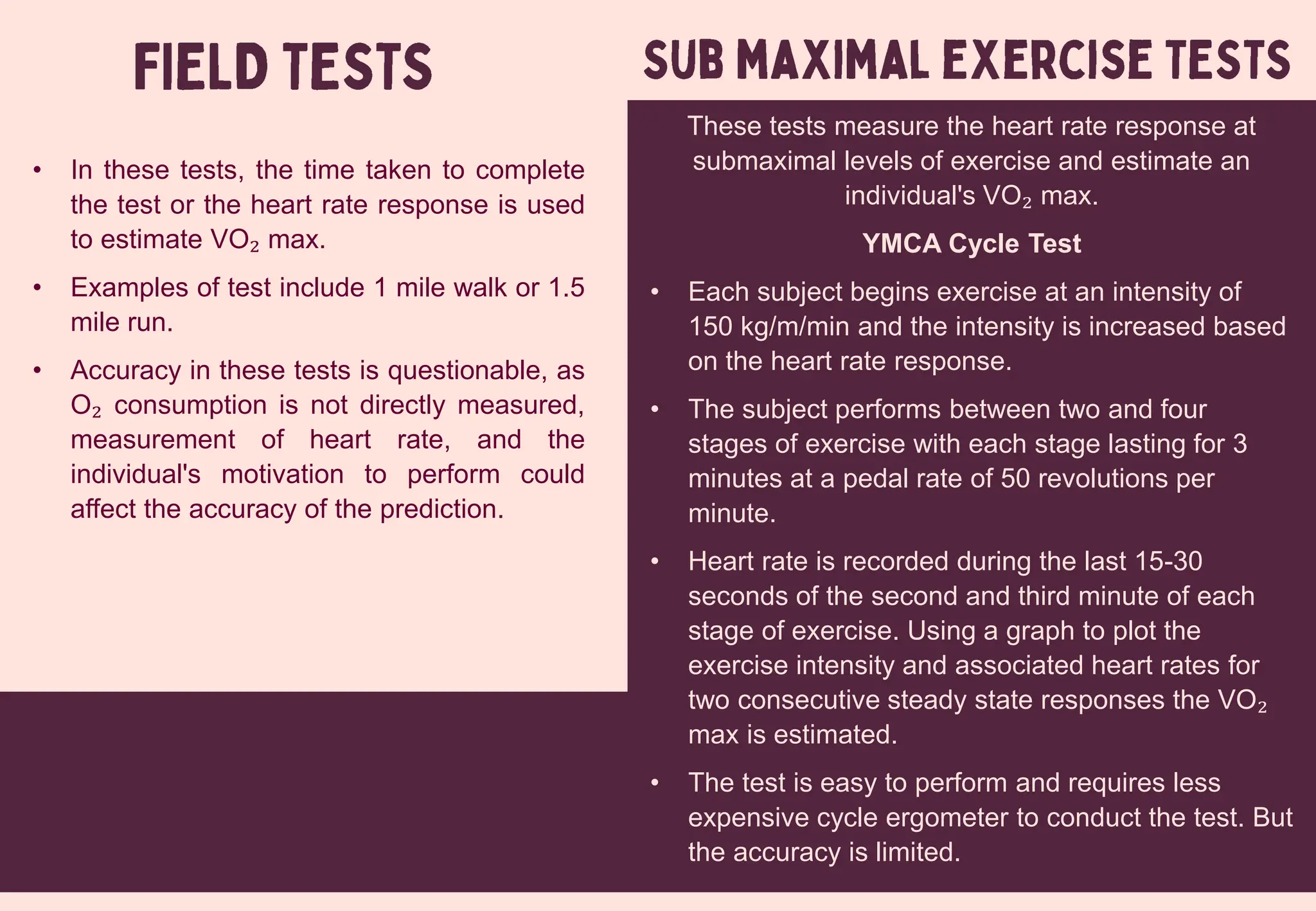 • In these tests, the time taken to complete
the test or the heart rate response is used
to estimate VO₂ max.
• Examples of test include 1 mile walk or 1.5
mile run.
• Accuracy in these tests is questionable, as
O₂ consumption is not directly measured,
measurement of heart rate, and the
individual's motivation to perform could
affect the accuracy of the prediction.
These tests measure the heart rate response at
submaximal levels of exercise and estimate an
individual's VO₂ max.
YMCA Cycle Test
• Each subject begins exercise at an intensity of
150 kg/m/min and the intensity is increased based
on the heart rate response.
• The subject performs between two and four
stages of exercise with each stage lasting for 3
minutes at a pedal rate of 50 revolutions per
minute.
• Heart rate is recorded during the last 15-30
seconds of the second and third minute of each
stage of exercise. Using a graph to plot the
exercise intensity and associated heart rates for
two consecutive steady state responses the VO₂
max is estimated.
• The test is easy to perform and requires less
expensive cycle ergometer to conduct the test. But
the accuracy is limited.
 