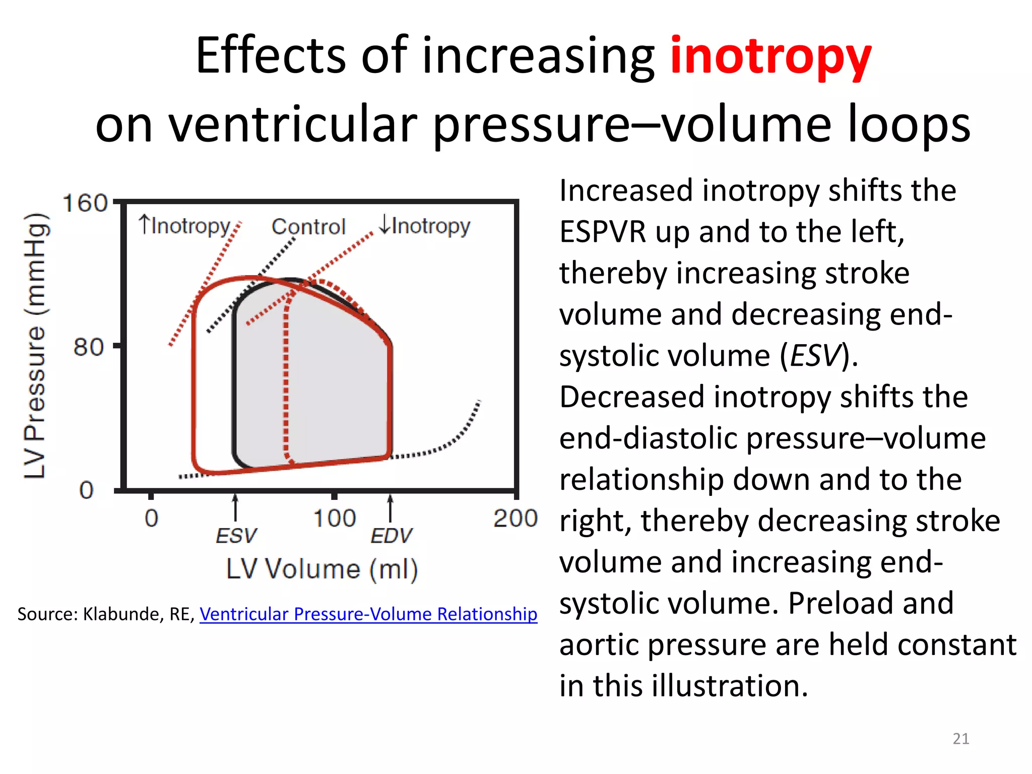 Effects of increasing inotropy
on ventricular pressure–volume loops

Source: Klabunde, RE, Ventricular Pressure-Volume Relationship

Increased inotropy shifts the
ESPVR up and to the left,
thereby increasing stroke
volume and decreasing endsystolic volume (ESV).
Decreased inotropy shifts the
end-diastolic pressure–volume
relationship down and to the
right, thereby decreasing stroke
volume and increasing endsystolic volume. Preload and
aortic pressure are held constant
in this illustration.
21

 