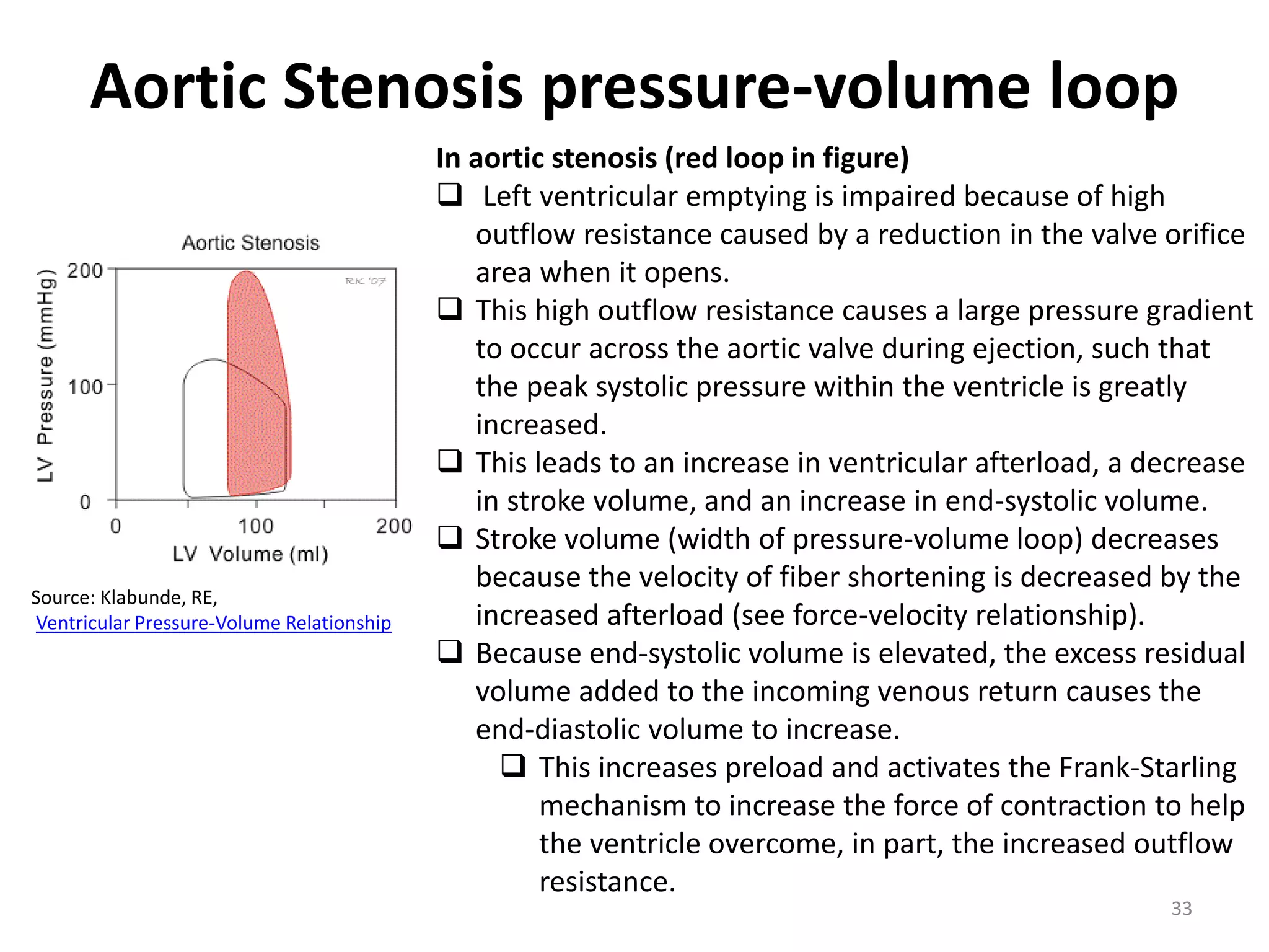 Aortic Stenosis pressure-volume loop

Source: Klabunde, RE,
Ventricular Pressure-Volume Relationship

In aortic stenosis (red loop in figure)
 Left ventricular emptying is impaired because of high
outflow resistance caused by a reduction in the valve orifice
area when it opens.
 This high outflow resistance causes a large pressure gradient
to occur across the aortic valve during ejection, such that
the peak systolic pressure within the ventricle is greatly
increased.
 This leads to an increase in ventricular afterload, a decrease
in stroke volume, and an increase in end-systolic volume.
 Stroke volume (width of pressure-volume loop) decreases
because the velocity of fiber shortening is decreased by the
increased afterload (see force-velocity relationship).
 Because end-systolic volume is elevated, the excess residual
volume added to the incoming venous return causes the
end-diastolic volume to increase.
 This increases preload and activates the Frank-Starling
mechanism to increase the force of contraction to help
the ventricle overcome, in part, the increased outflow
resistance.
33

 