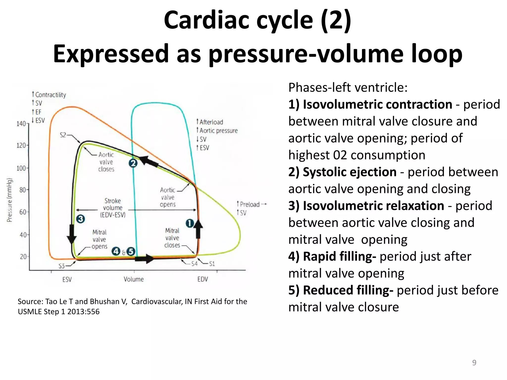Cardiac cycle (2)
Expressed as pressure-volume loop

Source: Tao Le T and Bhushan V, Cardiovascular, IN First Aid for the
USMLE Step 1 2013:556

Phases-left ventricle:
1) Isovolumetric contraction - period
between mitral valve closure and
aortic valve opening; period of
highest 02 consumption
2) Systolic ejection - period between
aortic valve opening and closing
3) Isovolumetric relaxation - period
between aortic valve closing and
mitral valve opening
4) Rapid filling- period just after
mitral valve opening
5) Reduced filling- period just before
mitral valve closure

9

 