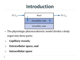  The physiologic pharmacokinetic model divides a body
organ into three parts:
1. Capillary vessels,
2. Extracellular space, and
3. Intracellular space
Introduction
 