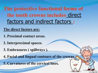 The protective functional forms of
the tooth crowns includes direct
factors and indirect factors :
The direct factors are:
1. Proximal contact areas.
2. Interproximal spaces.
3. Embrasures ( spillways ).
4. Facial and lingual contours of the crowns
5. Curvatures of the cervical lines.
 