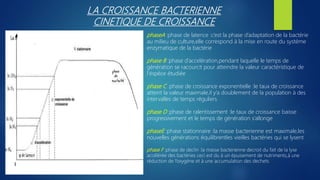 LA CROISSANCE BACTERIENNE
CINETIQUE DE CROISSANCE
phaseA :phase de latence :c’est la phase d’adaptation de la bactérie
au milieu de culture,elle correspond à la mise en route du systéme
enzymatique de la bactérie
phase B :phase d’accelération,pendant laquelle le temps de
génération se racourcit pour atteindre la valeur caractéristique de
l’éspéce étudiée
phase C :phase de croissance exponentielle :le taux de croissance
atteint la valeur maximale,il y’a doublement de la population à des
intervalles de temps réguliers
phase D :phase de ralentissement :le taux de croissance baisse
progressivement et le temps de génération s’allonge
phaseE :phase stationnaire :la masse bacterienne est maximale,les
nouvelles générations équilibrentles vieilles bactéries qui se lysent
phase F :phase de declin :la masse bacterienne decroit du fait de la lyse
accélérée des bactéries ceci est du à un épuisement de nutriments,à une
réduction de l’oxygéne et à une accumulation des dechets
 
