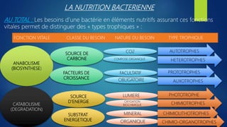 LA NUTRITION BACTERIENNE
AU TOTAL : Les besoins d’une bactérie en éléments nutritifs assurant ces fonctions
vitales permet de distinguer des « types trophiques » :
FONCTION VITALE CLASSE DU BESOIN NATURE DU BESOIN TYPE TROPHIQUE
ANABOLISME
(BIOSYNTHESE)
CATABOLISME
(DEGRADATION)
FACTEURS DE
CROISSANCE
SUBSTRAT
ENERGETIQUE
SOURCE DE
CARBONE
SOURCE
D’ENERGIE
ORGANIQUE
MINERAL
OXYDATION
BIOCHIMIQUE
LUMIERE
OBLIGATOIRE
FACULTATIF
COMPOSE ORGANIQUE
CO2 AUTOTROPHES
HETEROTROPHES
PROTOTROPHES
AUXOTROPHES
PHOTOTROPHE
CHIMIOTROPHES
CHIMIOLITHOTROPHES
CHIMIO-ORGANOTROPHES
 