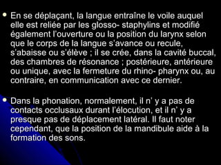  En se déplaçant, la langue entraîne le voile auquelEn se déplaçant, la langue entraîne le voile auquel
elle est reliée par les glosso- staphylins et modifiéelle est reliée par les glosso- staphylins et modifié
également l’ouverture ou la position du larynx selonégalement l’ouverture ou la position du larynx selon
que le corps de la langue s’avance ou recule,que le corps de la langue s’avance ou recule,
s’abaisse ou s’élève ; il se crée, dans la cavité buccal,s’abaisse ou s’élève ; il se crée, dans la cavité buccal,
des chambres de résonance ; postérieure, antérieuredes chambres de résonance ; postérieure, antérieure
ou unique, avec la fermeture du rhino- pharynx ou, auou unique, avec la fermeture du rhino- pharynx ou, au
contraire, en communication avec ce dernier.contraire, en communication avec ce dernier.
 Dans la phonation, normalement, il n’ y a pas deDans la phonation, normalement, il n’ y a pas de
contacts occlusaux durant l’élocution, et il n’ y acontacts occlusaux durant l’élocution, et il n’ y a
presque pas de déplacement latéral. Il faut noterpresque pas de déplacement latéral. Il faut noter
cependant, que la position de la mandibule aide à lacependant, que la position de la mandibule aide à la
formation des sons.formation des sons.
 