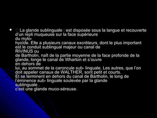   La glande sublinguale : est disposée sous la langue et recouverteLa glande sublinguale : est disposée sous la langue et recouverte
d’un repli muqueuse sur la face supérieured’un repli muqueuse sur la face supérieure
du mylo-du mylo-
hyoïde. Elle a plusieurs canaux excréteurs, dont le plus importanthyoïde. Elle a plusieurs canaux excréteurs, dont le plus important
est le conduit sublingual majeur ou canal deest le conduit sublingual majeur ou canal de
RIVINUS ouRIVINUS ou
de Bartholin, naît de la partie moyenne de la face profonde de lade Bartholin, naît de la partie moyenne de la face profonde de la
glande, longe le canal de Wharton et s’ouvreglande, longe le canal de Wharton et s’ouvre
en dehors deen dehors de
lui, au sommet de la caroncule sub- linguale. Les autres, que l’onlui, au sommet de la caroncule sub- linguale. Les autres, que l’on
doit appeler canaux de WALTHER, sont petit et courts.doit appeler canaux de WALTHER, sont petit et courts.
Et se terminent en dehors du canal de Bartholin, le long deEt se terminent en dehors du canal de Bartholin, le long de
l’éminence sub- linguale soulevée par la glandel’éminence sub- linguale soulevée par la glande
sublinguale .sublinguale .
c’est une glande muco-séreuse.c’est une glande muco-séreuse.
 