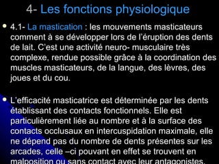 4-4- Les fonctions physiologiqueLes fonctions physiologique
 4.1-4.1- La masticationLa mastication : les mouvements masticateurs: les mouvements masticateurs
comment à se développer lors de l’éruption des dentscomment à se développer lors de l’éruption des dents
de lait. C’est une activité neuro- musculaire trèsde lait. C’est une activité neuro- musculaire très
complexe, rendue possible grâce à la coordination descomplexe, rendue possible grâce à la coordination des
muscles masticateurs, de la langue, des lèvres, desmuscles masticateurs, de la langue, des lèvres, des
joues et du cou.joues et du cou.
 L’efficacité masticatrice est déterminée par les dentsL’efficacité masticatrice est déterminée par les dents
établissant des contacts fonctionnels. Elle estétablissant des contacts fonctionnels. Elle est
particulièrement liée au nombre et à la surface desparticulièrement liée au nombre et à la surface des
contacts occlusaux en intercuspidation maximale, ellecontacts occlusaux en intercuspidation maximale, elle
ne dépend pas du nombre de dents présentes sur lesne dépend pas du nombre de dents présentes sur les
arcades, celle –ci pouvant en effet se trouvent enarcades, celle –ci pouvant en effet se trouvent en
 