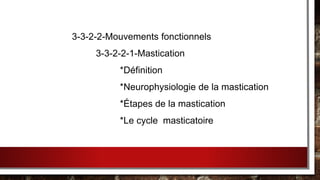 3-3-2-2-Mouvements fonctionnels
3-3-2-2-1-Mastication
*Définition
*Neurophysiologie de la mastication
*Étapes de la mastication
*Le cycle masticatoire
 