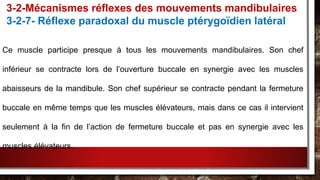 Ce muscle participe presque à tous les mouvements mandibulaires. Son chef
inférieur se contracte lors de l’ouverture buccale en synergie avec les muscles
abaisseurs de la mandibule. Son chef supérieur se contracte pendant la fermeture
buccale en même temps que les muscles élévateurs, mais dans ce cas il intervient
seulement à la fin de l’action de fermeture buccale et pas en synergie avec les
muscles élévateurs.
3-2-Mécanismes réflexes des mouvements mandibulaires
3-2-7- Réflexe paradoxal du muscle ptérygoïdien latéral
 