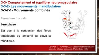 Fermeture buccale
1ère phase :
Est due à la contraction des fibres
antérieures du temporal qui élève la
mandibule.
3-3- Comportement et équilibre neuromusculaire
3-3-2- Les mouvements mandibulaires
3-3-2-1- Mouvements combinés
LE GALI, M ; FLAURET, J.F. Occlusion et fonction : une
approche clinique rationnelle. Paris : Cdp. 160p.
 