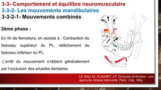 2ème phase :
En fin de fermeture, on assiste à : Contraction du
faisceau supérieur du PL, relâchement du
faisceau inférieur du PL.
L’arrêt du mouvement s’obtient généralement
par l’occlusion des arcades dentaires.
3-3- Comportement et équilibre neuromusculaire
3-3-2- Les mouvements mandibulaires
3-3-2-1- Mouvements combinés
LE GALI, M ; FLAURET, J.F. Occlusion et fonction : une
approche clinique rationnelle. Paris : Cdp. 160p.
 