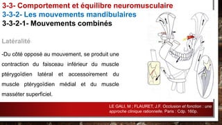 Latéralité
-Du côté opposé au mouvement, se produit une
contraction du faisceau inférieur du muscle
ptérygoïdien latéral et accessoirement du
muscle ptérygoïdien médial et du muscle
masséter superficiel.
3-3- Comportement et équilibre neuromusculaire
3-3-2- Les mouvements mandibulaires
3-3-2-1- Mouvements combinés
LE GALI, M ; FLAURET, J.F. Occlusion et fonction : une
approche clinique rationnelle. Paris : Cdp. 160p.
 