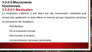La mastication s’effectue à son début par des mouvements volontaires puis
devient très rapidement un acte réflexe et ordonné par des impulsions sensitives
en provenance des récepteurs:
-Parodontaux,
-De la muqueuse buccale,
-Des muscles et tendons,
-Les terminaisons nerveuses sensorielles
3-3-2-2-Mouvements
fonctionnels
3-3-2-2-1-Mastication
 