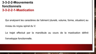 Qui analysent les caractères de l’aliment (dureté, volume, forme, situation) au
niveau du noyau spinal du V.
Le trajet effectué par la mandibule au cours de la mastication définit
l’enveloppe fonctionnelle.
3-3-2-2-Mouvements
fonctionnels
3-3-2-2-1-Mastication
 