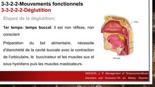 Etapes de la déglutition:
1er temps: temps buccal: il est non réflexe, non
conscient
Préparation du bol alimentaire, nécessite
d’étanchéité de la cavité buccale avec la contraction
de l’orbiculaire, le buccinateur et les muscles sus et
sous hyoïdiens puis les muscles masticateurs.
3-3-2-2-Mouvements fonctionnels
3-3-2-2-2-Déglutition
OKESON, J. P. Management of Temporomandibular
Disorders and Occlusion.7th ed. Mosby: Elsevier,
2013.632p.
 