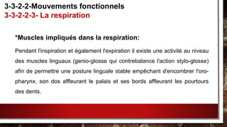 *Muscles impliqués dans la respiration:
Pendant l'inspiration et également l'expiration il existe une activité au niveau
des muscles linguaux (genio-glosse qui contrebalance l'action stylo-glosse)
afin de permettre une posture linguale stable empêchant d'encombrer l'oro-
pharynx, son dos affleurant le palais et ses bords affleurant les pourtours
des dents.
3-3-2-2-Mouvements fonctionnels
3-3-2-2-3- La respiration
 