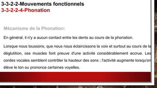 Mécanisme de la Phonation:
En général, il n'y a aucun contact entre les dents au cours de la phonation.
Lorsque nous toussons, que nous nous éclaircissons la voix et surtout au cours de la
déglutition, ces muscles font preuve d'une activité considérablement accrue. Les
cordes vocales semblent contrôler la hauteur des sons ; l'activité augmente lorsqu'on
élève le ton ou prononce certaines voyelles.
3-3-2-2-Mouvements fonctionnels
3-3-2-2-4-Phonation
 