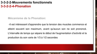 Mécanisme de la Phonation:
-Il est intéressant d'apprendre que la tension des muscles commence et
atteint souvent son maximum, avant qu'aucun son ne soit prononcé.
L'intervalle de temps qui sépare le début de l'augmentation d'activité et la
production du son varie de 1/3 à 1/2 secondes
3-3-2-2-Mouvements fonctionnels
3-3-2-2-4-Phonation
 
