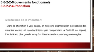 Mécanisme de la Phonation:
-Dans la phonation à voix basse, on note une augmentation de l'activité des
muscles vocaux et mylo-hyoïdiens (par comparaison à l'activité au repos).
L'activité est plus grande lorsqu'on lit un texte dans une langue étrangère
3-3-2-2-Mouvements fonctionnels
3-3-2-2-4-Phonation
 