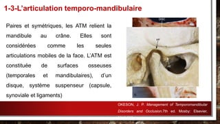 Paires et symétriques, les ATM relient la
mandibule au crâne. Elles sont
considérées comme les seules
articulations mobiles de la face. L’ATM est
constituée de surfaces osseuses
(temporales et mandibulaires), d’un
disque, système suspenseur (capsule,
synoviale et ligaments)
1-3-L’articulation temporo-mandibulaire
OKESON, J. P. Management of Temporomandibular
Disorders and Occlusion.7th ed. Mosby: Elsevier,
2013.632p.
 