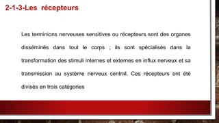 Les terminions nerveuses sensitives ou récepteurs sont des organes
disséminés dans tout le corps ; ils sont spécialisés dans la
transformation des stimuli internes et externes en influx nerveux et sa
transmission au système nerveux central. Ces récepteurs ont été
divisés en trois catégories
2-1-3-Les récepteurs
 