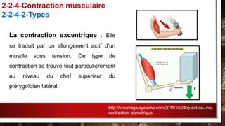 La contraction excentrique : Elle
se traduit par un allongement actif d’un
muscle sous tension. Ce type de
contraction se trouve tout particulièrement
au niveau du chef supérieur du
ptérygoïdien latéral.
2-2-4-Contraction musculaire
2-2-4-2-Types
http://kravmaga-systeme.com/2011/10/24/quest-ce-une-
contraction-isometrique/
 