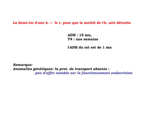 La demi-vie d'une h. = le t. pour que la moitié de l'h. soit détruite


                               ADH : 15 mn,
                               T4 : une semaine

                                l'ADH du rat est de 1 mn




Remarque:
Anomalies génétiques: la prot. de transport absente :
           pas d’effet notable sur le fonctionnement endocrinien
 
