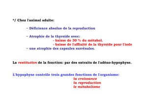 */ Chez l'animal adulte:

       ~ Déficience absolue de la reproduction

       ~ Atrophie de la thyroïde avec:
                       - baisse de 30 % du métabol.
                       - baisse de l'affinité de la thyroïde pour l'iode
       ~ une atrophie des capsules surrénales.



La restitution de la fonction: par des extraits de l'adéno-hypophyse.


L'hypophyse contrôle trois grandes fonctions de l'organisme:
                                 la croissance
                                 la reproduction
                                 le métabolisme
 