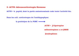 3- ACTH: Adrenocorticotropin Hormone

ACTH = h. peptid, dont la partie aminoterminale code toute l'activité bio.


Dans les cell. corticotropes de l’antéhypophyse:

          la protéolyse de la POMC

                                           ACTH + β-lipotropine

                                           mélanotropines: α et βMSH

                                           βendorphines
 