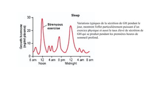 Variations typiques de la sécrétion de GH pendant le
jour, montrent l'effet particulièrement puissant d’un
exercice physique et aussi le taux élevé de sécrétion de
GH qui se produit pendant les premières heures de
sommeil profond.
 