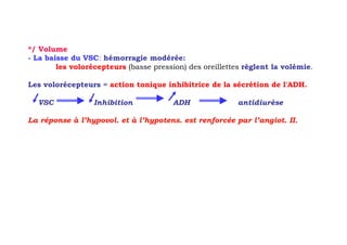 */ Volume
- La baisse du VSC: hémorragie modérée:
        les volorécepteurs (basse pression) des oreillettes règlent la volémie.

Les volorécepteurs = action tonique inhibitrice de la sécrétion de l'ADH.

  VSC             Inhibition            ADH               antidiurèse

La réponse à l’hypovol. et à l’hypotens. est renforcée par l’angiot. II.
 
