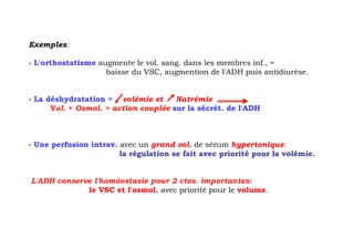 Exemples:

- L'orthostatisme augmente le vol. sang. dans les membres inf., =
                    baisse du VSC, augmention de l'ADH puis antidiurèse.


- La déshydratation = volémie et      Natrémie
      Vol. + Osmol. = action couplée sur la sécrét. de l'ADH



- Une perfusion intrav. avec un grand vol. de sérum hypertonique:
                        la régulation se fait avec priorité pour la volémie.


L'ADH conserve l'homéostasie pour 2 ctes. importantes:
             le VSC et l'osmol. avec priorité pour le volume.
 