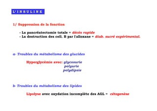 L‘ I N S U L I N E


1/ Suppression de la fonction

    - La pancréatectomie totale = décès rapide
    - La destruction des cell. B par l'alloxane = diab. sucré expérimental.




a- Troubles du métabolisme des glucides

        Hyperglycémie avec: glycosurie
                            polyurie
                           polydipsie



b- Troubles du métabolisme des lipides

        Lipolyse avec oxydation incomplète des AGL = cétogenèse
 