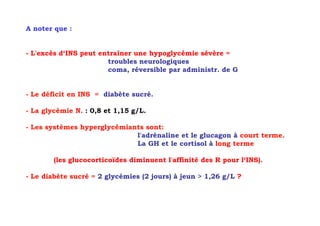 A noter que :


- L'excès d‘INS peut entraîner une hypoglycémie sévère =
                       troubles neurologiques
                       coma, réversible par administr. de G


- Le déficit en INS = diabète sucré.

- La glycémie N. : 0,8 et 1,15 g/L.

- Les systèmes hyperglycémiants sont:
                             l'adrénaline et le glucagon à court terme.
                             La GH et le cortisol à long terme

        (les glucocorticoïdes diminuent l'affinité des R pour l‘INS).

- Le diabète sucré = 2 glycémies (2 jours) à jeun > 1,26 g/L ?
 