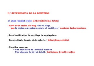 II/ SUPPRESSION DE LA FONCTION


1/ Chez l'animal jeune: la thyroïdectomie totale:

- Arrêt de la croiss. en long. des os longs.
    pas la croiss. en épaiss: os plats et vertèbres = nanisme dysharmonieux


- Pas d'ossification du cartilage de conjugaison

- Pas de dévpt. Gonad. ni de puberté = infantilisme génital.


- Troubles nerveux:
     ~ Une réduction de l'activité motrice
     ~ Une absence de dévpt. intell.: Crétinisme hypothyroïdien
 
