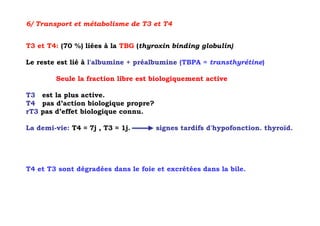 6/ Transport et métabolisme de T3 et T4


T3 et T4: (70 %) liées à la TBG (thyroxin binding globulin)

Le reste est lié à l'albumine + préalbumine (TBPA = transthyrétine)

        Seule la fraction libre est biologiquement active

T3 est la plus active.
T4 pas d’action biologique propre?
rT3 pas d’effet biologique connu.

La demi-vie: T4 ≈ 7j , T3 ≈ 1j.      signes tardifs d'hypofonction. thyroïd.




T4 et T3 sont dégradées dans le foie et excrétées dans la bile.
 