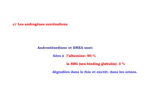 c/ Les androgènes surrénaliens:




             Androstènedione et DHEA sont:

                      liées à l’albumine: 90 %

                              la SBG (sex binding globulin): 3 %

                      dégradées dans le foie et excrét. dans les urines.
 