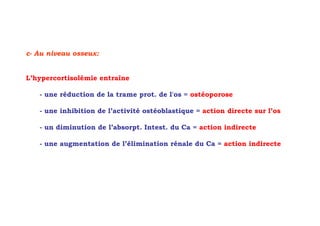 c- Au niveau osseux:


L’hypercortisolémie entraîne

   - une réduction de la trame prot. de l'os = ostéoporose

   - une inhibition de l’activité ostéoblastique = action directe sur l’os

   - un diminution de l’absorpt. Intest. du Ca = action indirecte

   - une augmentation de l’élimination rénale du Ca = action indirecte
 
