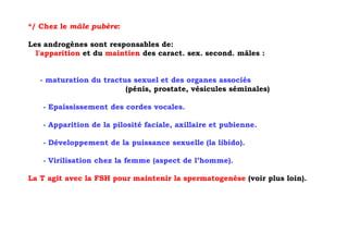 */ Chez le mâle pubère:

Les androgènes sont responsables de:
  l'apparition et du maintien des caract. sex. second. mâles :


   - maturation du tractus sexuel et des organes associés
                         (pénis, prostate, vésicules séminales)

   - Epaississement des cordes vocales.

   - Apparition de la pilosité faciale, axillaire et pubienne.

   - Développement de la puissance sexuelle (la libido).

   - Virilisation chez la femme (aspect de l’homme).

La T agit avec la FSH pour maintenir la spermatogenèse (voir plus loin).
 