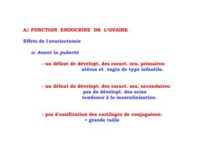 A/ FONCTION ENDOCRINE DE L‘OVAIRE

Effets de l'ovariectomie

   a- Avant la puberté

       - un défaut de dévelopt. des caract. sex. primaires:
                       utérus et vagin de type infantile.


       - un défaut de dévelopt. des caract. sex. secondaires:
                        pas de dévelopt. des seins
                        tendance à la masculinisation.


       - pas d'ossification des cartilages de conjugaison:
                          = grande taille
 