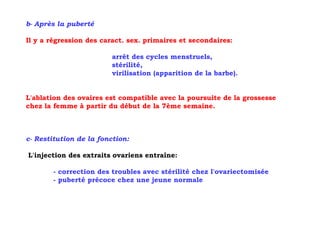 b- Après la puberté

Il y a régression des caract. sex. primaires et secondaires:

                         arrêt des cycles menstruels,
                         stérilité,
                         virilisation (apparition de la barbe).


L'ablation des ovaires est compatible avec la poursuite de la grossesse
chez la femme à partir du début de la 7ème semaine.



c- Restitution de la fonction:

L'injection des extraits ovariens entraîne:

       - correction des troubles avec stérilité chez l'ovariectomisée
       - puberté précoce chez une jeune normale
 
