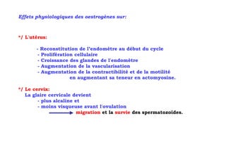Effets physiologiques des oestrogènes sur:



*/ L'utérus:

       - Reconstitution de l’endomètre au début du cycle
        - Prolifération cellulaire
        - Croissance des glandes de l'endomètre
        - Augmentation de la vascularisation
        - Augmentation de la contractibilité et de la motilité
                      en augmentant sa teneur en actomyosine.

*/ Le cervix:
   La glaire cervicale devient
        - plus alcaline et
        - moins visqueuse avant l'ovulation
                         migration et la survie des spermatozoïdes.
 