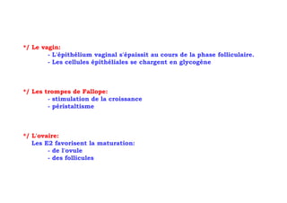 */ Le vagin:
        - L'épithélium vaginal s'épaissit au cours de la phase folliculaire.
        - Les cellules épithéliales se chargent en glycogène



*/ Les trompes de Fallope:
        - stimulation de la croissance
        - péristaltisme



*/ L'ovaire:
   Les E2 favorisent la maturation:
        - de l'ovule
        - des follicules
 