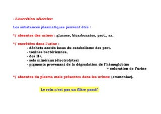 - L'excrétion sélective:

Les substances plasmatiques peuvent être :

*/ absentes des urines : glucose, bicarbonates, prot., aa.

*/ excrétées dans l'urine :
        - déchets azotés issus du catabolisme des prot.
        - toxines bactériennes,
        - des H+,
        - sels minéraux (électrolytes)
        - pigments provenant de la dégradation de l’hémoglobine
                                                    = coloration de l’urine

*/ absentes du plasma mais présentes dans les urines: (ammoniac).


                Le rein n'est pas un filtre passif
 